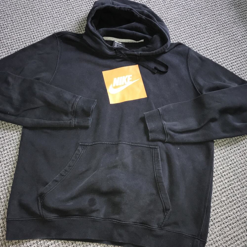 Nike Logo Hoodie Black Orange Square Graphic Pullover Mens Large